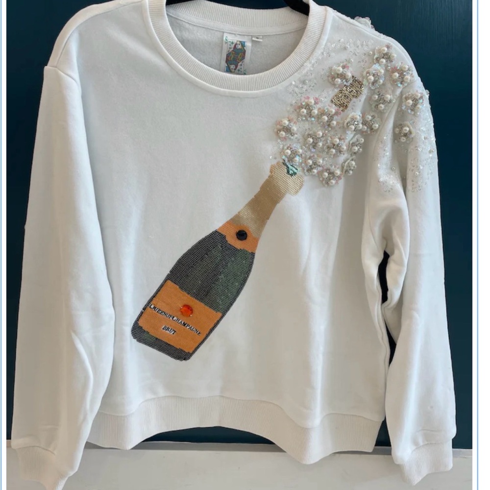 QUEEN OF SPARKLES White Embellished Champagne Bottle Crewneck Sweatshirt